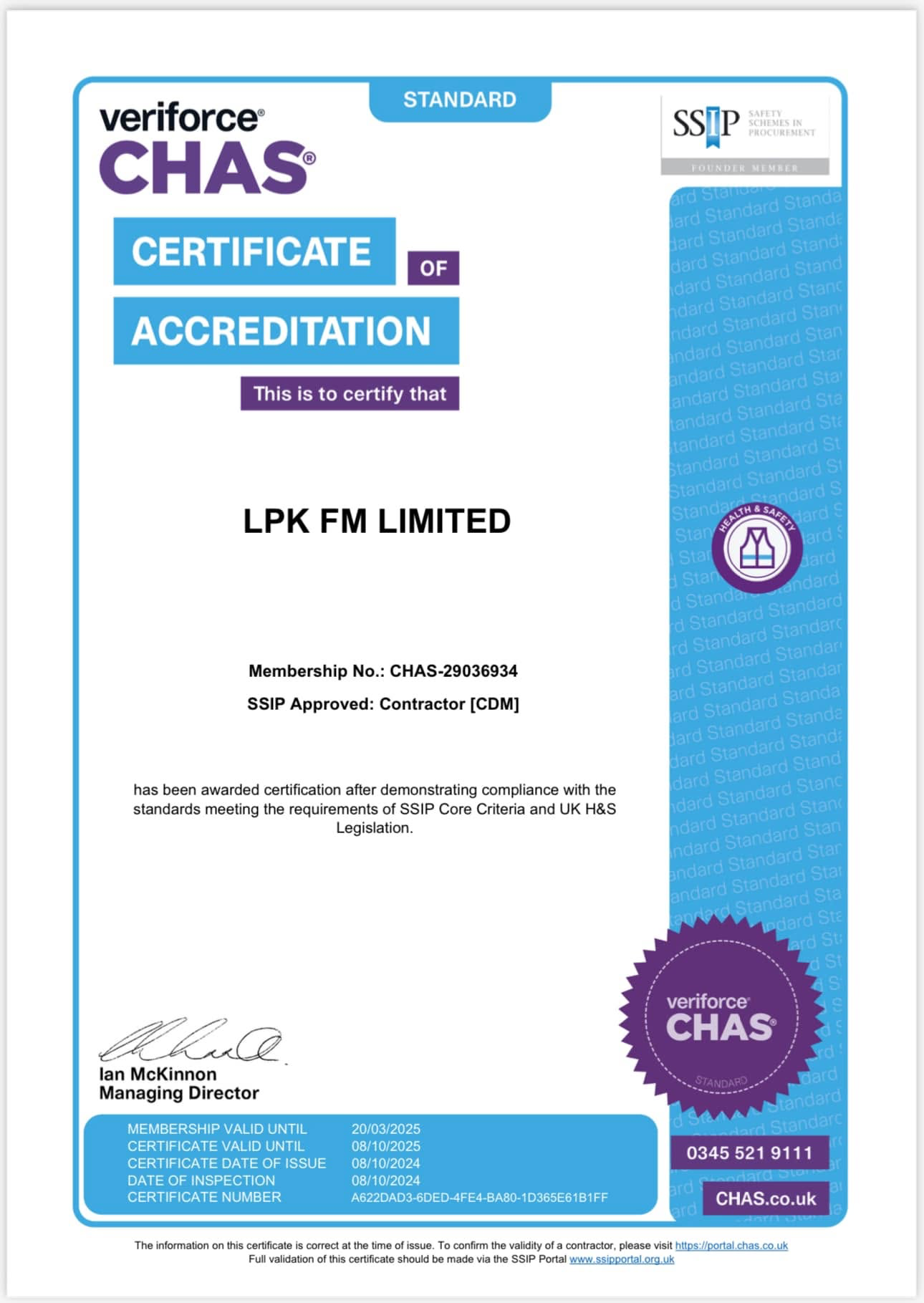 LPK FM Limited CHAS Standard accreditation certificate, membership CHAS-29036934, valid 2025.