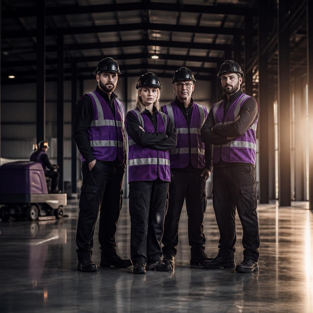 LPK FM team on site in branded purple hi-vis at a UK warehouse.